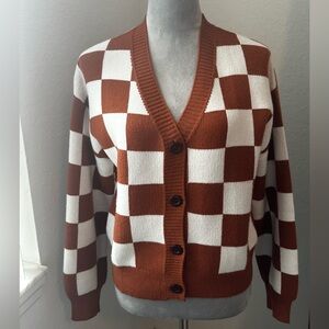 WeRokeeey Checkerboard Cardigan Small Rust Cream V Neck Button Knit Sweater
